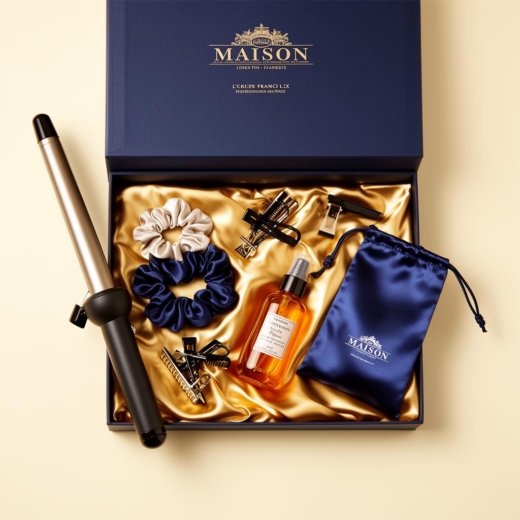 Open Bouclé maison gift box revealing the silk curling rod, scrunchies, clips, and mist atomiser on gold satin lining