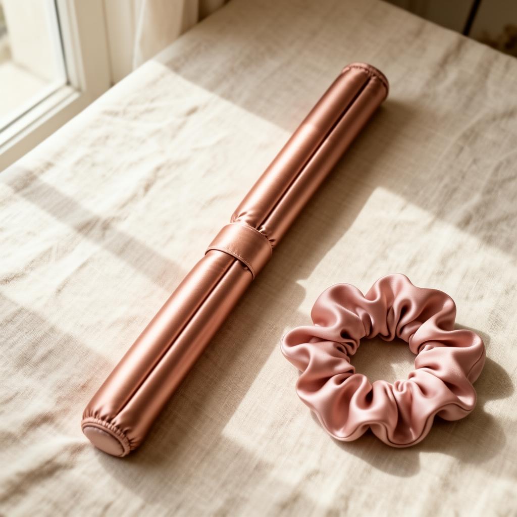 Blush silk-wrapped heatless curling rod beside a pink mulberry silk scrunchie on cream linen