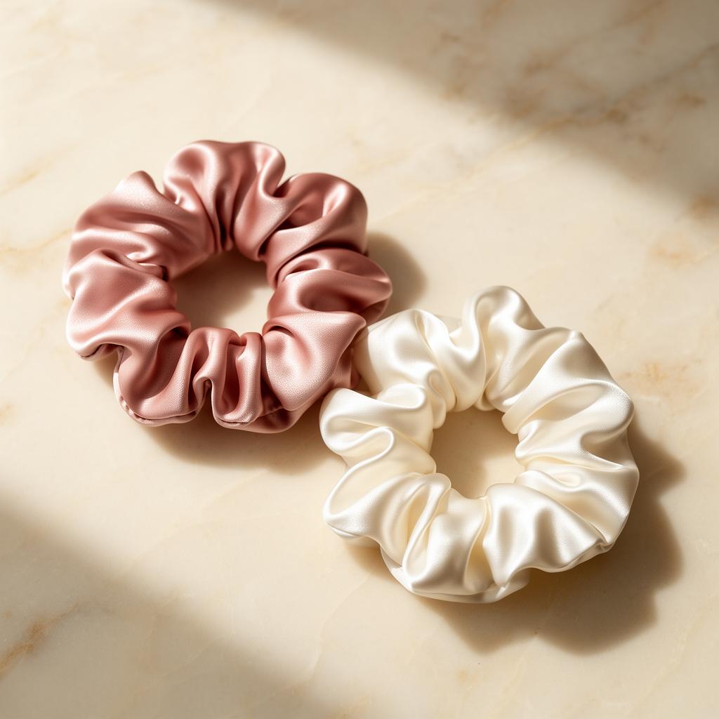 Pair of blush pink and ivory mulberry silk scrunchies on cream marble